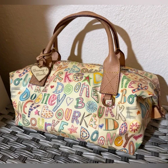 Dooney & Bourke Alphabet Print Satchel Cream Multicolor Leather Trim - Picture 1 of 16